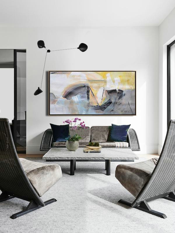 Large Abstract Art,Horizontal Palette Knife Contemporary Art Panoramic Canvas Painting,Textured Painting Canvas Art,White,Yellow,Grey,Black.etc